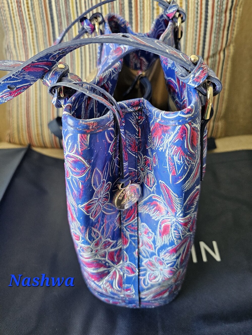 Brahmin Fiora, Blue Floral Leather Tote with Pink & White Accents, NWT - Picture 3 of 4